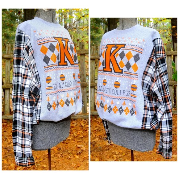Kalamazoo College MI Reconstructed Xmas Sweatshirt Plaid Flannel Sleeves XL/2XL - Picture 6 of 9